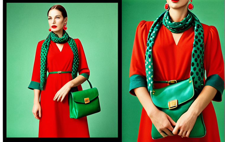 **

A vibrant vintage outfit featuring a bold color clash. A red vintage dress paired with a green bag, complemented by large vintage earrings and a patterned scarf. The overall aesthetic is eye-catching and showcases a confident, individual style.

**