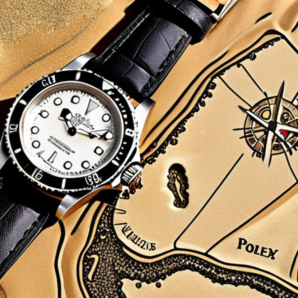 **

A treasure map leading to a vintage watch hidden beneath sand dunes, with watchmaking tools scattered around. The map is stylized with drawings of Rolex Submariner, Patek Philippe, and Audemars Piguet, some crossed out, with one marked "X" signifying the hidden gem. Emphasize the adventure and discovery aspect of finding undervalued watches.

**