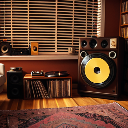Home 17 A cozy home listening room with shelves overflowing with vinyl records, warm lighting, a comfortable armchair, and a vintage turntable spinning a record. Focus on the analog aesthetic and the joy of listening to music.