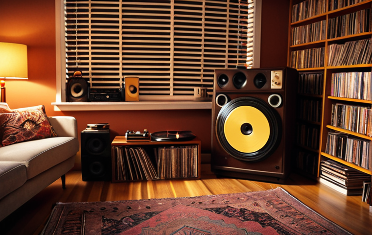 A cozy home listening room with shelves overflowing with vinyl records, warm lighting, a comfortable armchair, and a vintage turntable spinning a record. Focus on the analog aesthetic and the joy of listening to music.