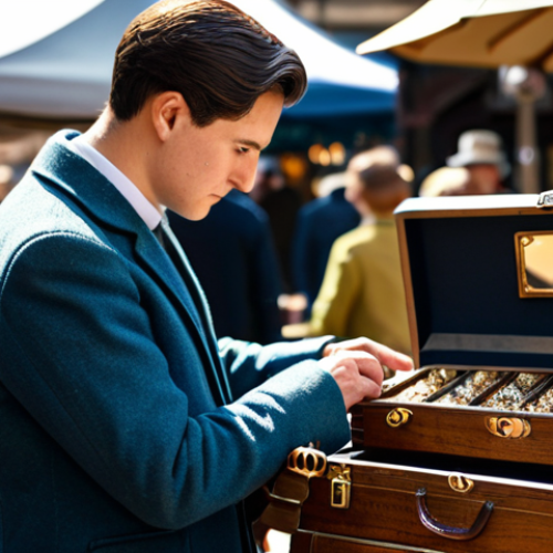 Home 8 A professional vintage enthusiast in a modest, stylish, well-fitting jacket and smart trousers, gently inspecting a unique, intricately designed vintage decorative box in a sunlit indoor antique market. The background shows blurred market stalls and other fully clothed people, creating a bustling yet focused atmosphere. Natural pose, perfect anatomy, correct proportions, well-formed hands, proper finger count, natural body proportions. Professional photography, high resolution, detailed, realistic, cinematic lighting, shallow depth of field, safe for work, appropriate content, fully clothed, professional.