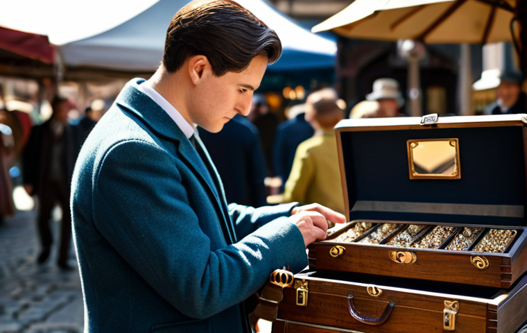 A professional vintage enthusiast in a modest, stylish, well-fitting jacket and smart trousers, gently inspecting a unique, intricately designed vintage decorative box in a sunlit indoor antique market. The background shows blurred market stalls and other fully clothed people, creating a bustling yet focused atmosphere. Natural pose, perfect anatomy, correct proportions, well-formed hands, proper finger count, natural body proportions. Professional photography, high resolution, detailed, realistic, cinematic lighting, shallow depth of field, safe for work, appropriate content, fully clothed, professional.
